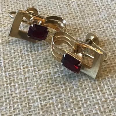 Vintage Ruby Color Gold Tone Earrings