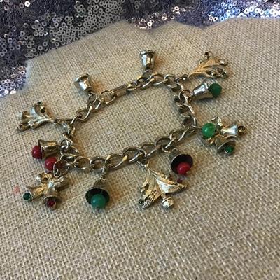 Vintage Christmas Charm Bracelet  - Bells, Bows/Bells, Christmas Trees Goldtone
