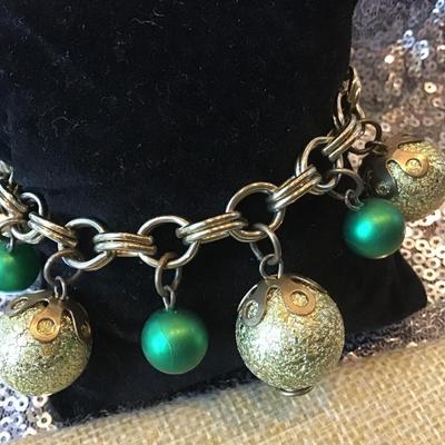 Vintage Holiday Silver Tone Sparkle and Green Bead Bracelet, Disco,
