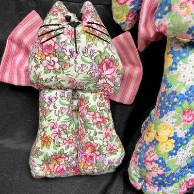 Set of Three Colorful Floral Pattern Plush Cat Kitten Shabby Chic Cottage Core Folk Art Dolls