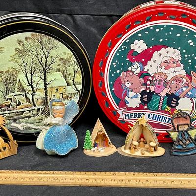 Mixed Lot of Christmas Holiday Ornaments and Collector Tin Canisters