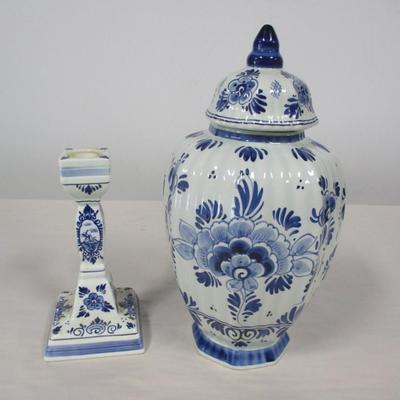 Pair of Blue Delft Porcelain Hand Painted Urn and Candlestick Holder