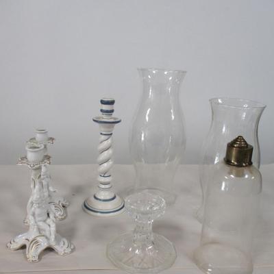 Collection of Pottery and Glass Candlesticks Holders and Hurricane Shades