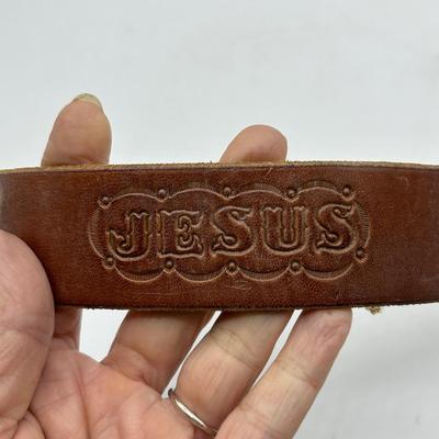 Vintage Retro Leather Snap Bracelet Stamped Lettering Jesus