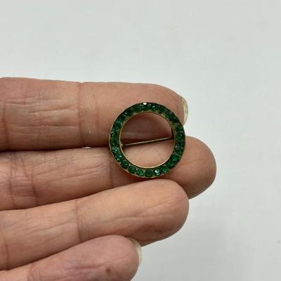 Small Green Rhinestone Circle Pin Brooch