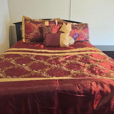 HIG 7 Piece Comforter Set Queen - Red and Gold Faux Silk Fabric Embroidered Bedding Set