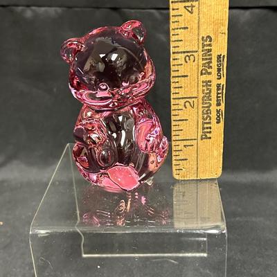 Pink Fenton Glass Teddy Bear Paperweight Figurine with Sticker