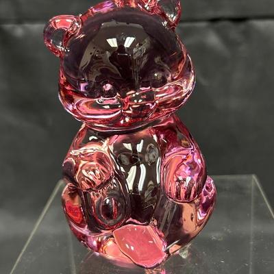 Pink Fenton Glass Teddy Bear Paperweight Figurine with Sticker