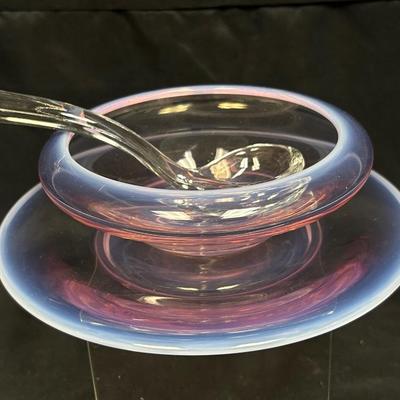 Fostoria Seascape Opaque White to Pink Opalescent Glass Relish Bowl Dish with Matching Plate and Spoon
