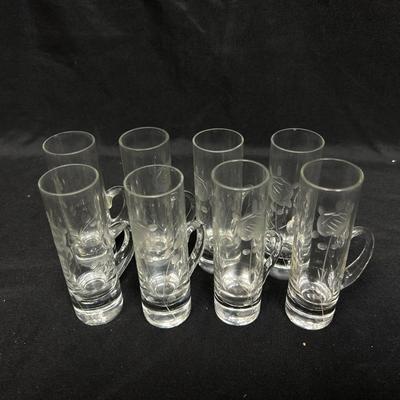 Set of 8 Flower Floral Etched Glass Cordial Liqueur Shot Glasses with Handles