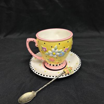 Mary Engelbreit Colorful Polka Dot and Flowers Shabby Chic Style Teacup and Saucer with Spoon