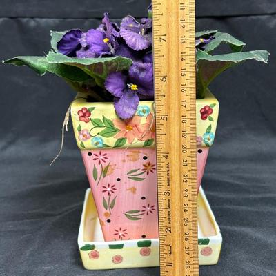 Cute Colorful Planter Pot with Faux Violets and Mary Engelbreit Round Cardboard Trinket Box