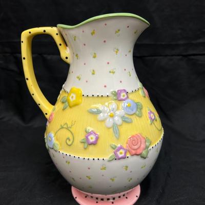 Cute Shabby Chic Mary Engelbreit Polka Dot and Flowers Ceramic Water Pitcher
