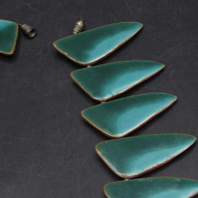 Vintage Designer Pottery Alice Lund Denmark Modernist Ceramic Glaze Turquoise Tooth Necklace