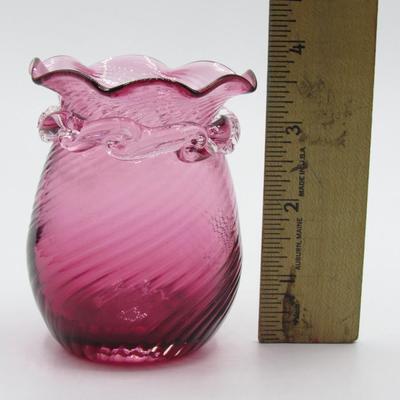 Small Vintage Pilgrim Hand Blown Cranberry Art Glass Ruffled Edge MCM Vase Pitcher