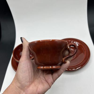 Rich Dark Brown California Pottery Teacup and Saucer Pair