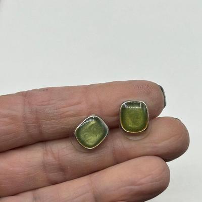 Pair of Small Silver Tone Iridescent Green Enamel Stud Earrings