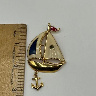 AVON Gold Tone and Enamel Sailboat Ship Pin Brooch with Dangling Anchor