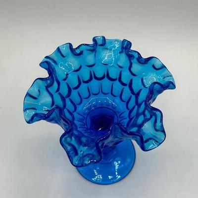 Vintage Colonial Blue Fenton Ruffled Edge Thumbprint Compote Pedestal Candy Dish
