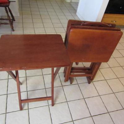 Set of Four Folding Wooden Television Tray Tables with Storage Rack