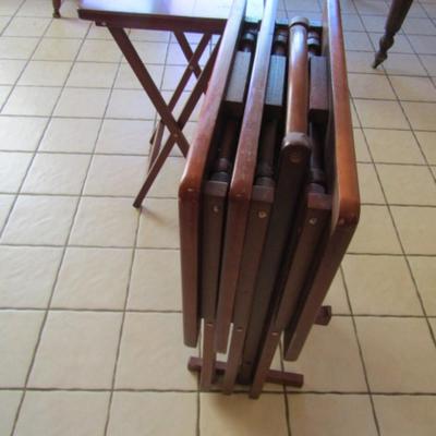 Set of Four Folding Wooden Television Tray Tables with Storage Rack