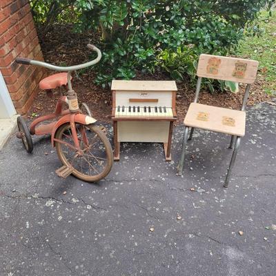 Vintage Tricycle, Jaymar Piano and Children's Chair (G-DW)