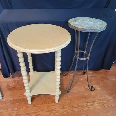 Wooden Side Table & a Wrought Iron & Tile Plant Stand (SR-DW)