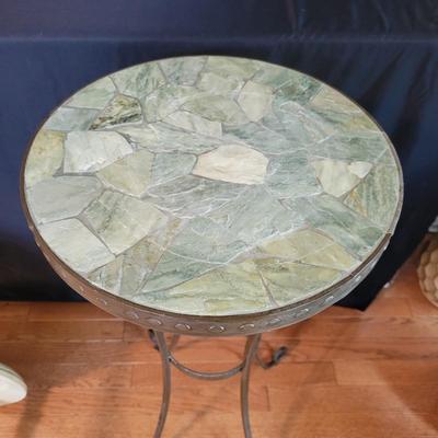 Wooden Side Table & a Wrought Iron & Tile Plant Stand (SR-DW)