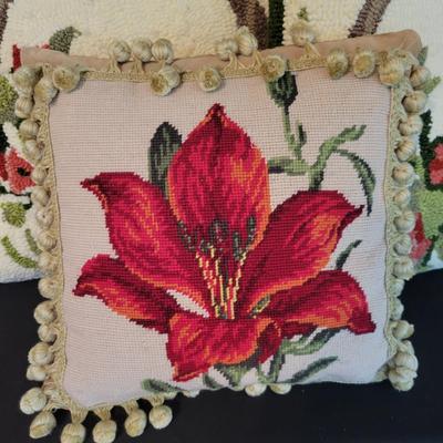 Crewel Work Embroidery Accent Pillows & a Small Footstool (SR-DW)