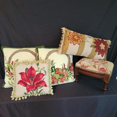 Crewel Work Embroidery Accent Pillows & a Small Footstool (SR-DW)