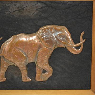 Vintage 1971 Pure Copper Elephant Plaque Mounted on Genuine Gameskin
