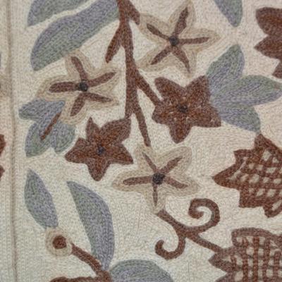 Hand Done Wool Crewel Embroidery Neutral Tone Floral Design