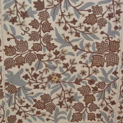 Hand Done Wool Crewel Embroidery Neutral Tone Floral Design