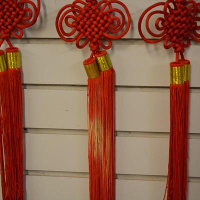 Set of 4 Wood Chinese Plaque Knot Tassels Feng Shui Wall Decor
