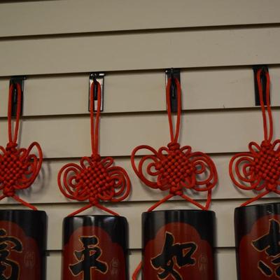 Set of 4 Wood Chinese Plaque Knot Tassels Feng Shui Wall Decor
