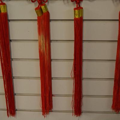 Set of 4 Wood Chinese Plaque Knot Tassels Feng Shui Wall Decor
