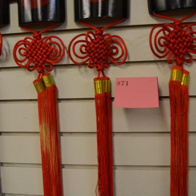 Set of 4 Wood Chinese Plaque Knot Tassels Feng Shui Wall Decor