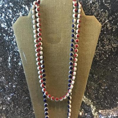Groovy 60/70's Vintage Necklace Red, White & Blue Long Knotted Plastic Beads
