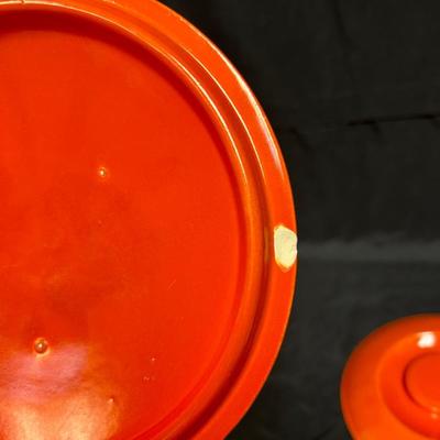 Pair of Vintage Miscellaneous Flame Orange California Pottery Casserole Dish Bowl Lids