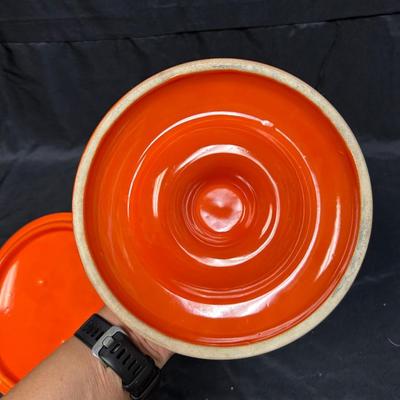 Pair of Vintage Miscellaneous Flame Orange California Pottery Casserole Dish Bowl Lids