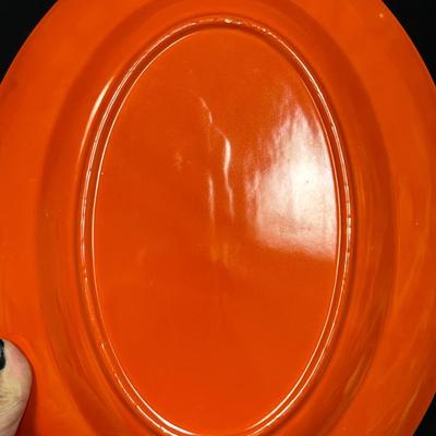 Vintage California Pottery Flame Orange Serving Bowls & Oval Platter
