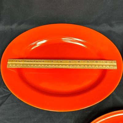 Vintage California Pottery Flame Orange Serving Bowls & Oval Platter