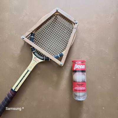Vintage Wooden Tennis Racket with Wood Frame Press and Tennis Balls