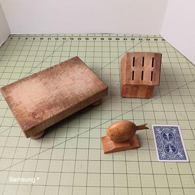 Wood Cutting Board, Knife Block, and Fish