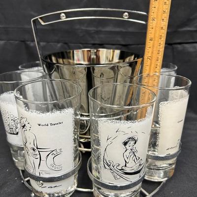 Midcentury Highball Drink Glass Set with Ice Bucket and Caddy Playboy Comic Statement Glasses