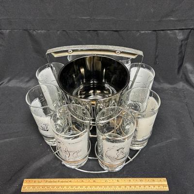 Midcentury Highball Drink Glass Set with Ice Bucket and Caddy Playboy Comic Statement Glasses