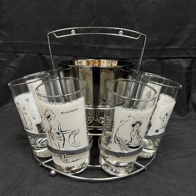 Midcentury Highball Drink Glass Set with Ice Bucket and Caddy Playboy Comic Statement Glasses
