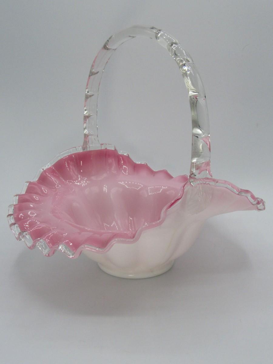 Rare Vintage Fenton Pink top Glass Drape/Ribbed/Ruffled Footed Basket