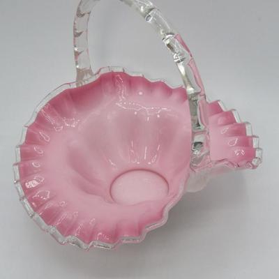 Vintage Fenton Pink Milk Glass Ruffled Edge Melon Basket Clear Glass Handle