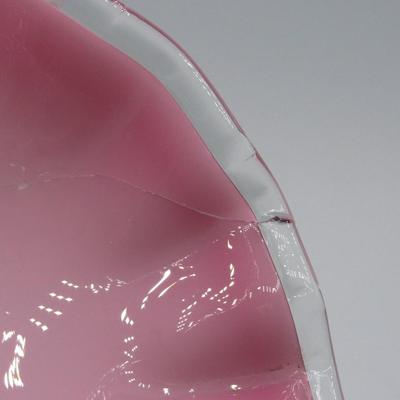 Vintage Fenton Pink Milk Glass Ruffled Edge Melon Basket Clear Glass Handle